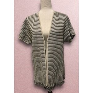 Carlisle Duster Open Sweater Cardigan Long Black Beige Stripe Fringe Boho Medium